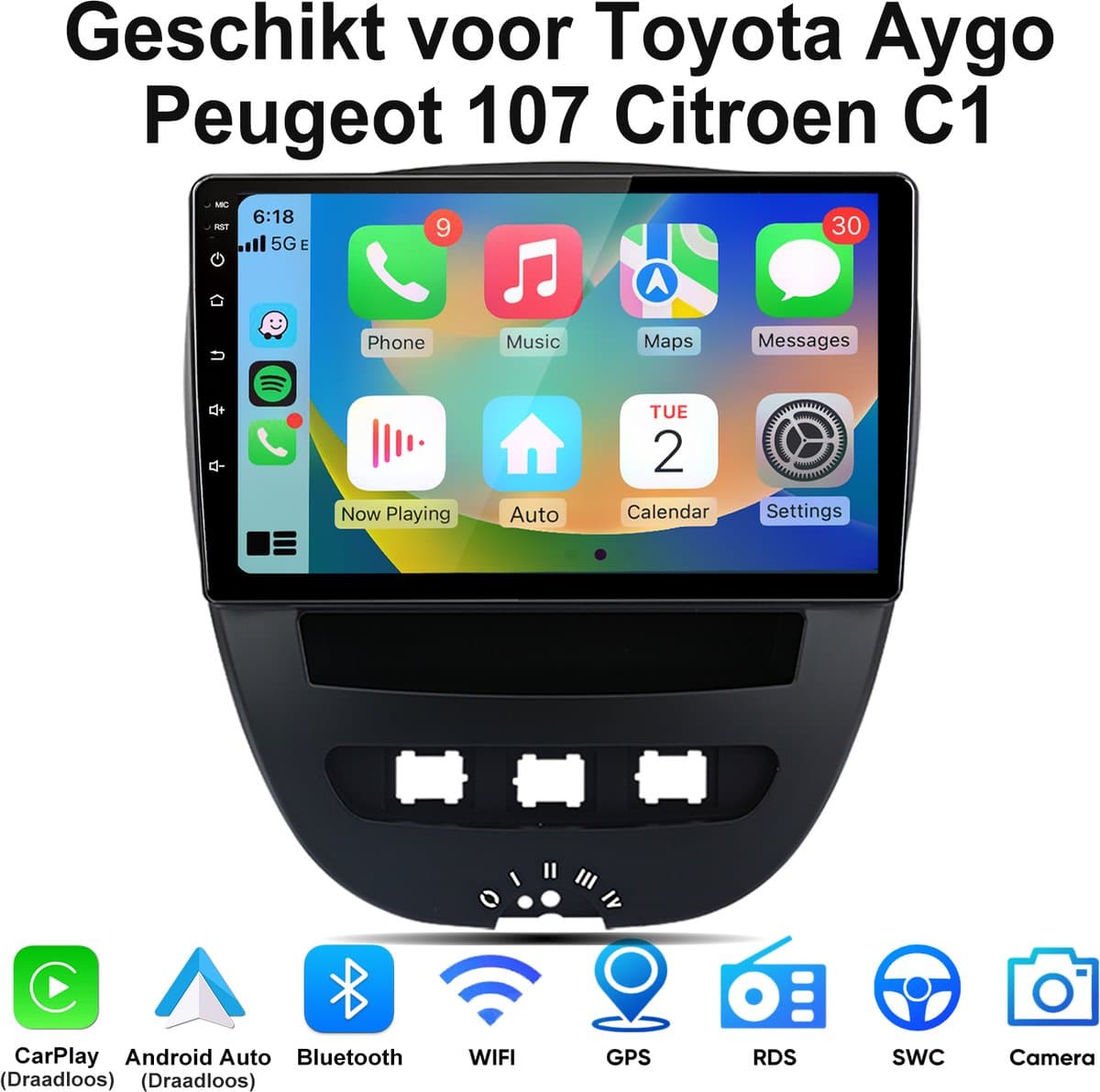 Junsun Android Draadloze CarPlay Andriod Auto Autoradio Geschikt Voor Toyota Aygo Peugeot 107 Citroen C1 - Achteruitrijcamera - GPS Navigatie - Bluetooth - 10-inch Touchscreen - WiFi - RDS - SWC - Plug & Play — afbeelding 1