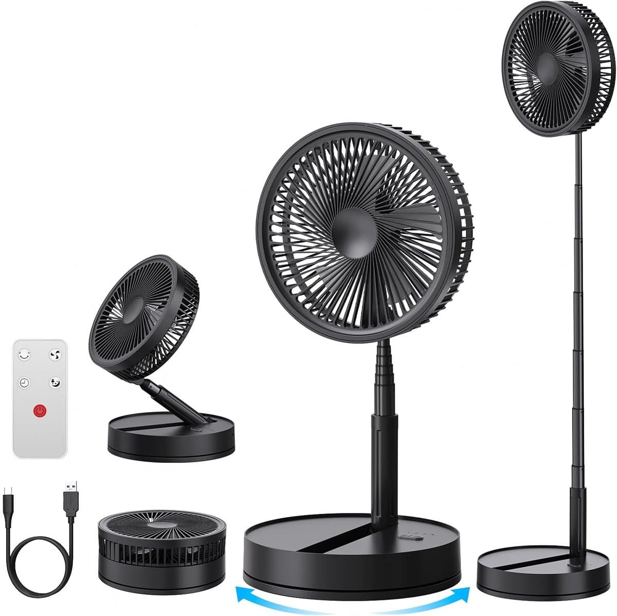 Staande Ventilator Opvouwbaar en Stil – 8000 mAh – 4 Snelheden – Afstandsbediening – Timer – USB-C — afbeelding 1