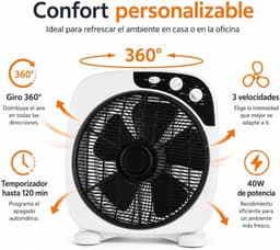 Tafelventilator 30,5 cm – 40 W – 3 Snelheden – 360° Draaibaar – Timer 120 Min – Wit/Zwart — thumbnail 5