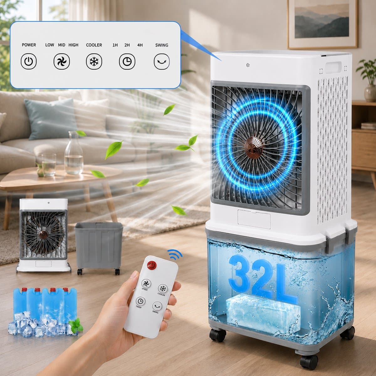 MUPOO Aircooler 32L Mobiel - Luchtkoeler / Airco zonder Afvoerslang - 4-in-1 Ventileren met 120° Oscillatie & Afstandsbediening-Airconditioning-Stil (50dB)-voor Woonkamer, Slaapkamer, Kantoor en Garage — afbeelding 1