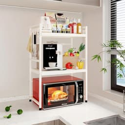 SnelShoppen - Expandable Microwave Rack - 3-Layer Keuken Magnetron Stand - Carbon Staal Countertop Magnetron Houder - 8 Haakjes - Wit - Keuken/Dining — thumbnail 2