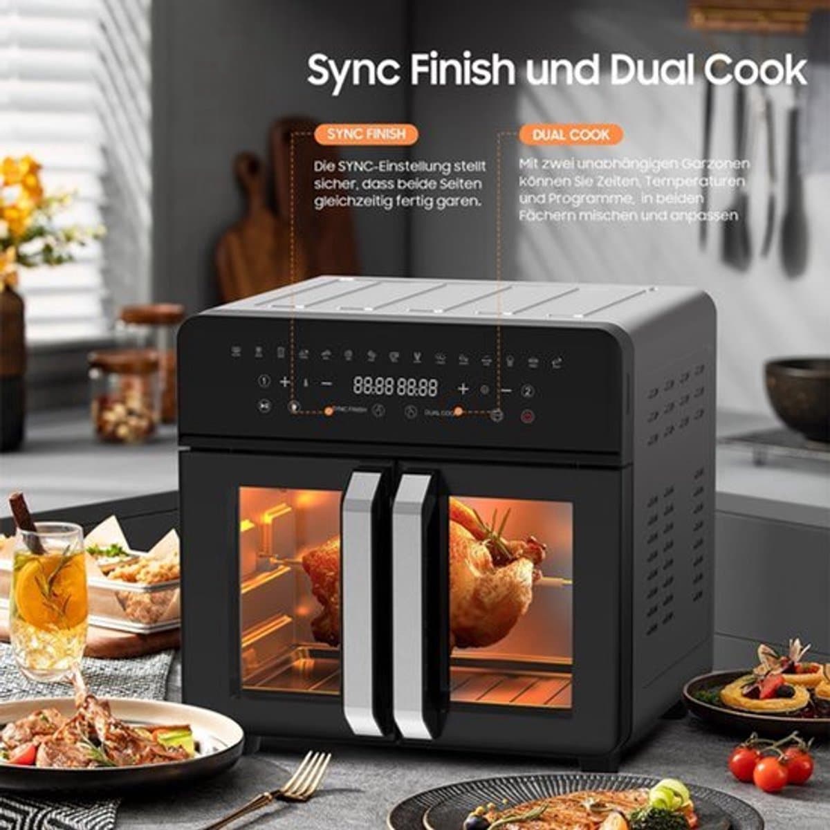 Airfryer – Heteluchtfriteuse – Friteuse – Heteluchtoven – Gezond Koken – 23L XXL Inhoud – Dual-Zone Met Koekprogramma’s & Verlichting — afbeelding 1