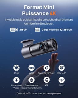 Dashcam voor auto - Zwart - 9,3 x 4,6 x 4,3 cm - 4K Ultra HD Mini Dashcam met Nachtzicht en Wi-Fi - Voor Voertuigbewaking — thumbnail 2