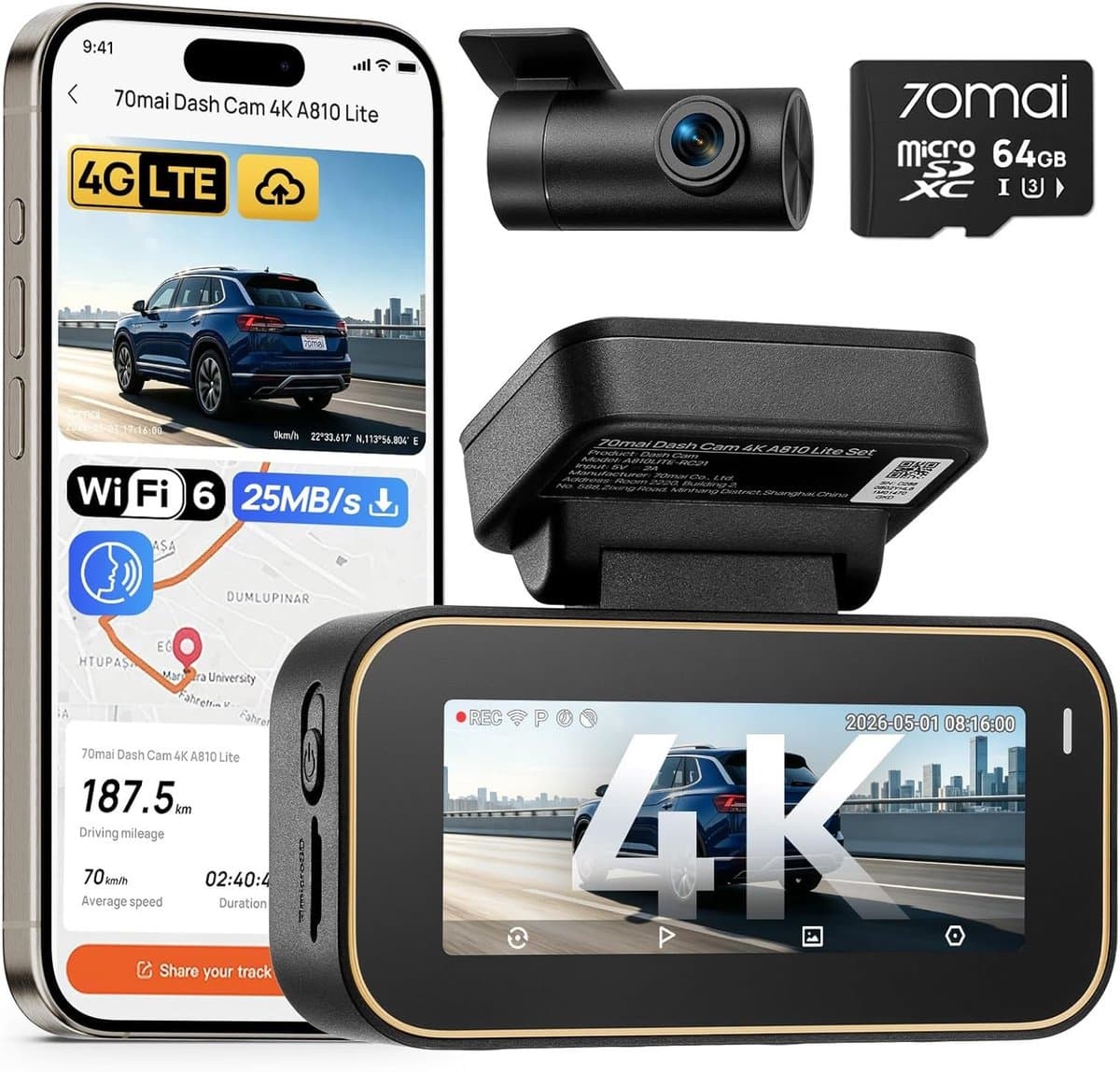 Dashcam voor auto - Zwart - 4K + 1080P Dual Camera - Supercondensator met GPS en Nachtzicht - Voor Personenauto's — afbeelding 1
