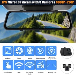 Dashcam voor auto - Zwart - 9,66 inch - IPS Touchscreen met 3 Camera's en Nachtzicht - Voor Veilig Parkeren en 24-uurs Bewaking — thumbnail 2