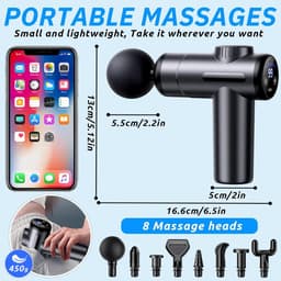 Nekmassageapparaat - Grijs - 16 x 19 x 4,8 cm - Elektrisch Massagepistool met 8 Verwisselbare Koppen - Voor Spierontspanning — thumbnail 2