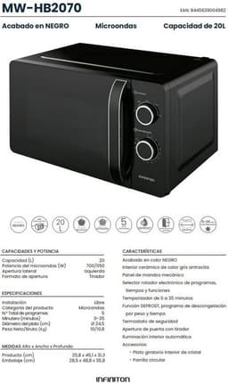 Magnetron 20 Liter Zwart met 700W Vermogen en Defrost Functie — thumbnail 4