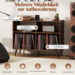 COSTWAY Draaitafel standaard 3-traps draaitafel kast met vinyl opbergplanken, opbergtafel voor vinylplaten, opberghouder voor woonkamer, muziekkamer (bruin) — thumbnail 3