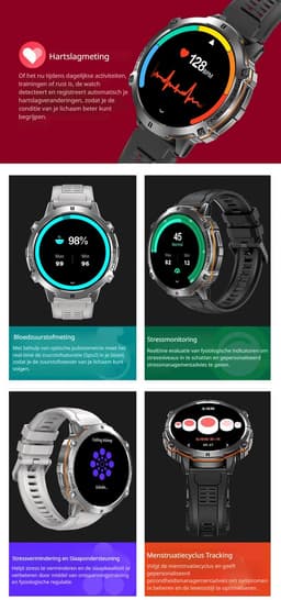 DrPhone ChronaX Max Rugged Smartwatch – 1.73” AMOLED – 100 Dagen Batterij – BT Bellen – SpO2 – GPS Tracking – 100+ Sportmodi – Roestvrij Stalen, PU Leren En Siliconen band - Zilver — thumbnail 2