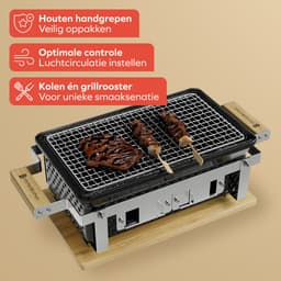 KitchenBrothers Kamado Hibachi Grill - Met Grillrek en Stokjes - Houtskool Barbecue - PFAS-vrij - Shichirin Tafelgrill - Rechthoekige BBQ - Keramische Barbecue - Vaderdag Cadeau - Zwart — thumbnail 3