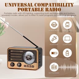 Retro Speaker - Bluetooth Speaker - Am Fm SW Kleine Draagbare Radio - Vintage Speaker - Retro Radio Bluetooth - Retro Radio - Noodradio - 2000mAh Oplaadbare Batterij - Met LED Zaklamp - Ondersteunt TF Kaart, USB, AUX Play - Bruin — thumbnail 2
