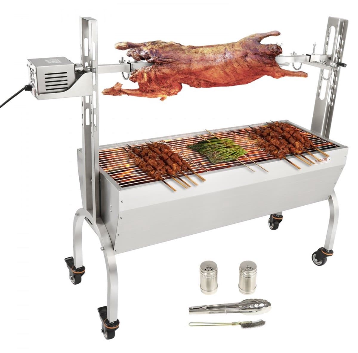 Speenvarken- en lamsgrill - Elektrische BBQ rotisserie draaispit - Lengte 117 cm - RVS - Draagvermogen 41 kg - Hoogteverstelling 4 niveaus - Motor 50 W - Verplaatsbaar — afbeelding 1