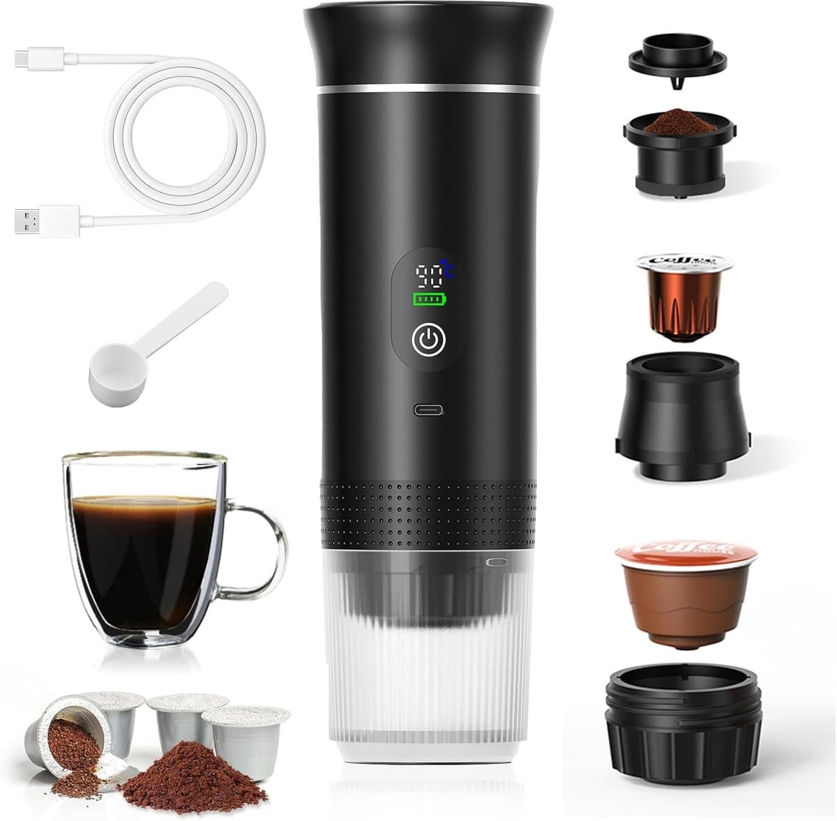 Draagbaar koffiezetapparaat - 3-in-1 - Koffiezetapparaat - Elektrische Espresso Apparaat - Oplaadbaar - Capsule Koffie - Gemalen Koffie - Reis & Camping Koffiezetapparaa 12 volt — afbeelding 1
