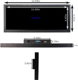 12,3 Inch Widescreen LCD Monitor 1920x720 IPS met USB, VGA en Metalen Behuizing — thumbnail 4