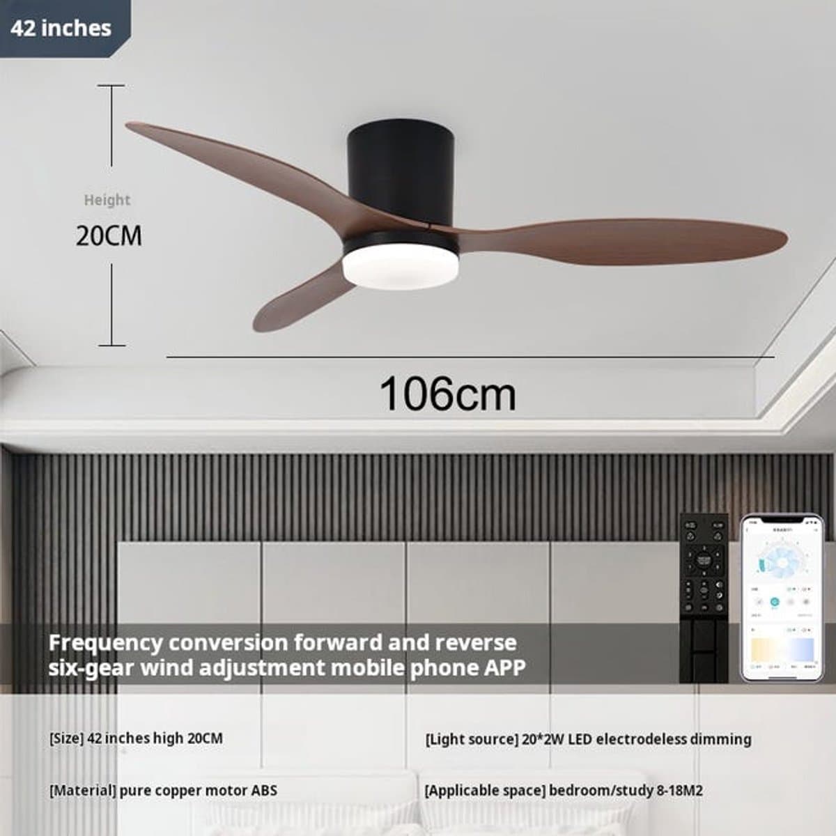 Plafondventilator - LED Plafondventilator - Ø 106 cm - 4320 LM - 3000K/6500K - Dimbaar - 3 snelheidsinstellingen - Timer - Zomer - Zeer stil - Zwarte perzikhoutkleur — afbeelding 1