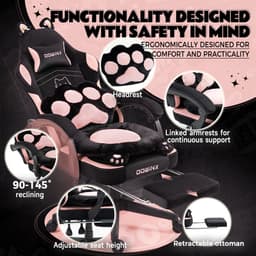 Dowinx Gaming Stoel Roze/Zwart – Ergonomisch met Voetensteun – Kattenpoot Design – Stoffen Gamer/PC Stoel – Verstelbare Rugleuning – Voor Volwassenen — thumbnail 4