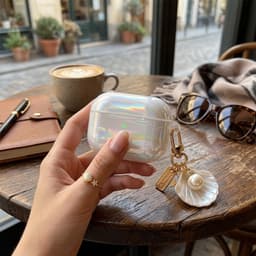 Transparant parelmoer hoesje voor oordopjes dames met schelp patroon en decoratieve hanger geschikt voor AirPods Pro 2 met iriserende afwerking en clip — thumbnail 4
