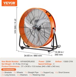 VEVOR Trommelventilator Vloerventilator Standventilator 3 Snelheden 220W 88x34x94CM — thumbnail 3