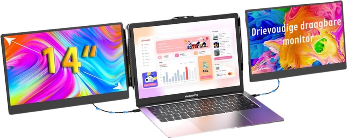 Quvo® Professionele Portable Monitor Pro 2024 - Full HD - 13” / 17.4” Tri-Screen - Laptop Scherm Uitbreider - Inclusief Beschermhoes en Kabels - Blauw - 35cm x 21cm x 3cm — afbeelding 1