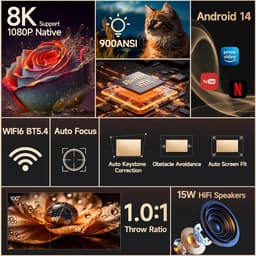 Flolife - L018 Beamer - Native 1080P Full HD Projector - 650 ANSI - Android 14 - WiFi 6 - Bluetooth 5.4 - Auto Focus & Keystone - 8K Ondersteuning — thumbnail 4