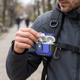 Blauw robuust hoesje voor oordopjes met carbon look geschikt voor AirPods Pro 2 inclusief schoonmaakset en karabijnhaak – schokbestendig en duurzaam — thumbnail 5