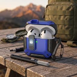 Blauw robuust hoesje voor oordopjes met carbon look geschikt voor AirPods 4 inclusief schoonmaakset en karabijnhaak – schokbestendig en duurzaam — thumbnail 3
