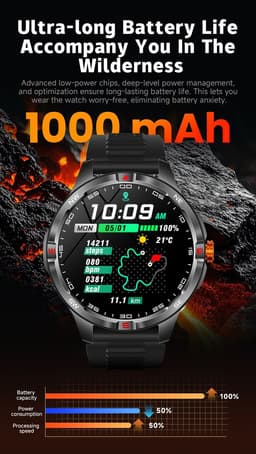 Knobbout 1.46” Scherm Sport Smartwatch met Extra Lange Batterijduur – 1000mAh - LED-zaklamp & kompas - AI Spraakassistent - Bluetooth Bellen - 100+ Sportmodi, IP68 Waterdicht -Zwart Silicone — thumbnail 2