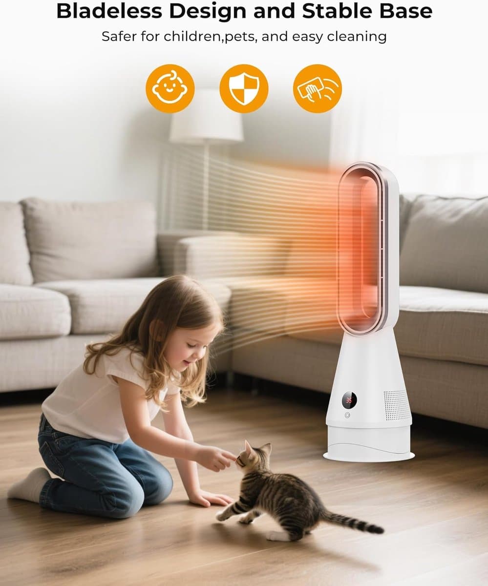 Bladloze Ventilator - Toren Verwarmer - Zomer Winter - 2-in-1 Functie - 64cm Hoog - Wit — afbeelding 1