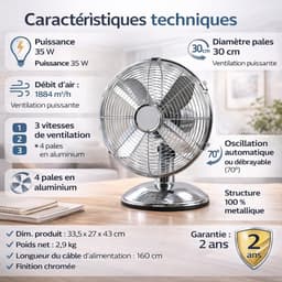 Metalen Tafelventilator - Persoonlijke Koeler - Verkoeling op Kantoor - Instelbare Luchtstroom - 30 cm Diameter - Chroom — thumbnail 2