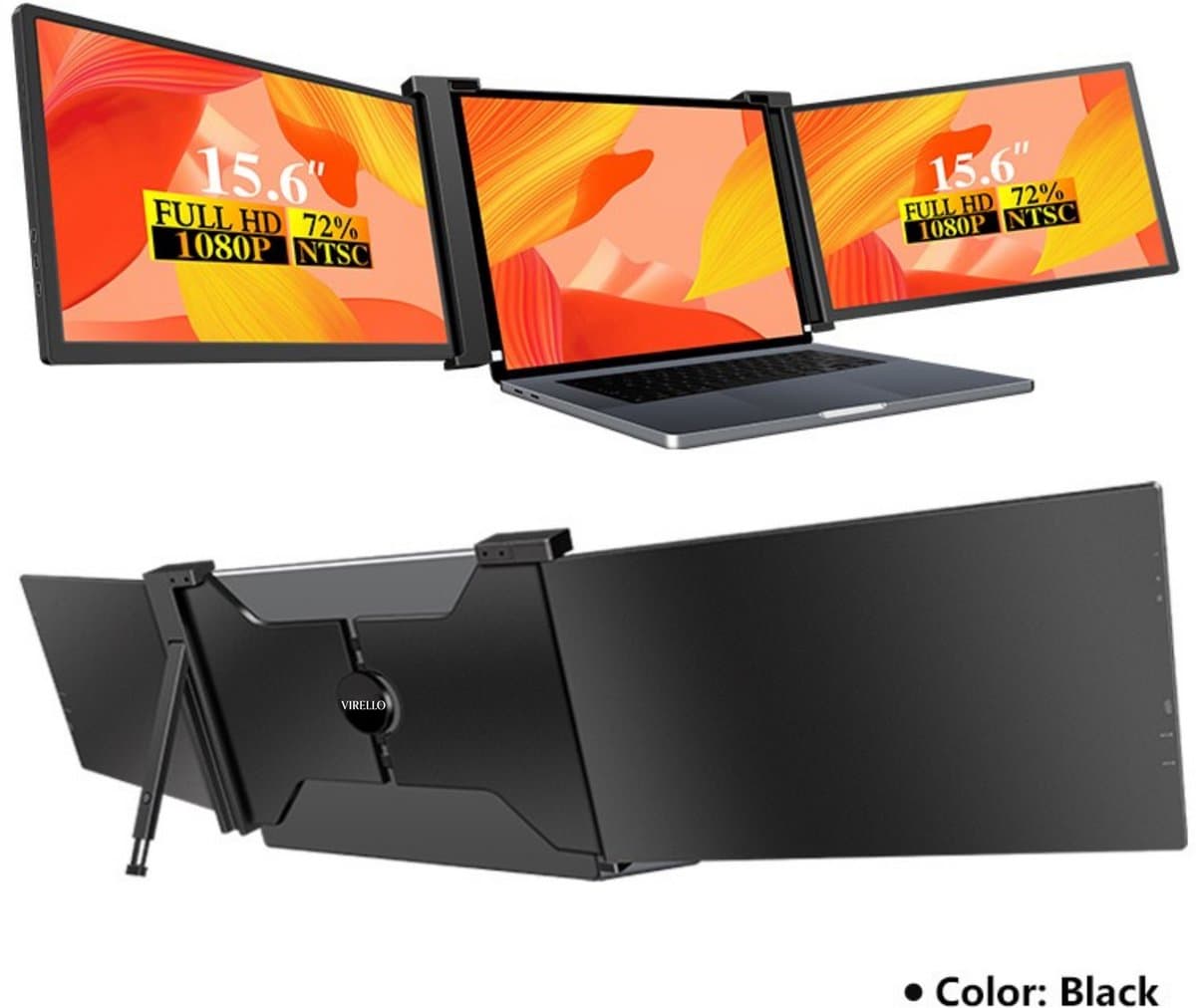 Virello® Portable Monitor Pro 2025 - 2x Full‑HD IPS 15,6″ scherm - Voor Laptops van 15.6" t/m 18.1" - Laptopscherm uitbreider - USB-C/USB-A & HDMI - Inclusief Hoes & Kabels - Zwart - 2 jaar garantie — afbeelding 1