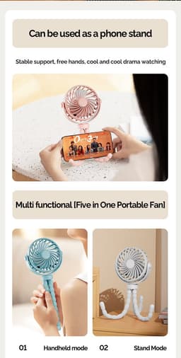 Handventilator - Draagbare Ventilator Oplaadbaar - Zwart - Hand Tafelventilator Draadloos - Kinderwagen Mini Fan - 3 Standen - mini ventilator - festival ventilator - octopus ventilator — thumbnail 4