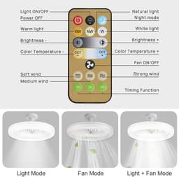 Rosnek Plafondlamp met Ventilator - 1/2/4 uur TimerDimbare Plafondventilatorlamp van 25cm met Afstandsbediening - 30W Plafondventilator met Dimbare LED Lamp - Beschikbaar in Voor Slaapkamer, Keuken, Woonkamer, garage (Wit) — thumbnail 4