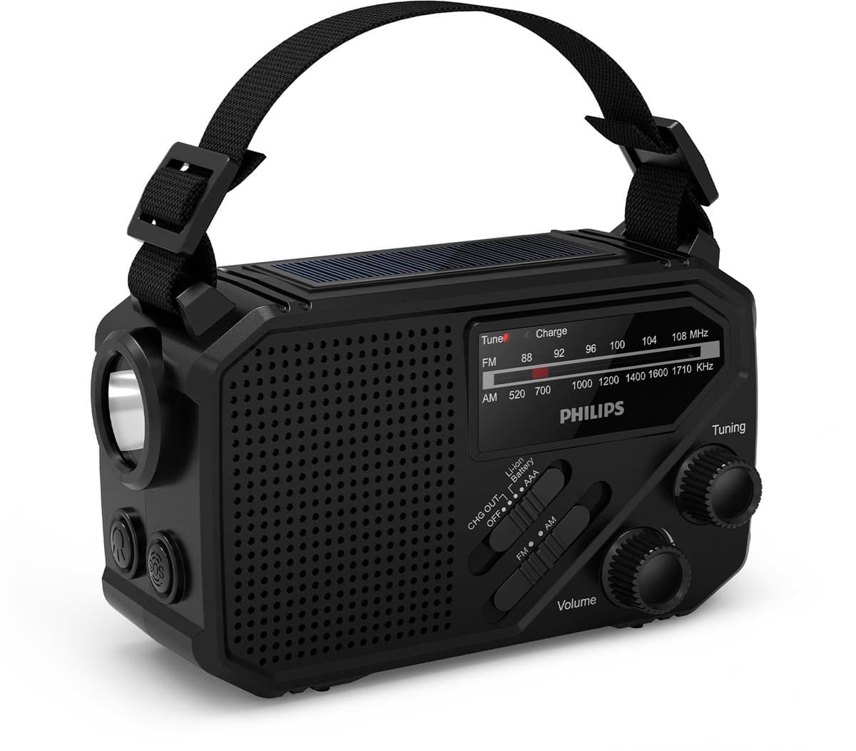PHILIPS TAR1609 draagbare Noodradio FM/AM met interne oplaadbare batterij, back-up met AAA-batterij en handslinger, autovakantie, zonne-energie, ingebouwde led-lamp en zaklamp als noodradio survival emergency radio kamperen, wandelen, stroomuitval — afbeelding 1