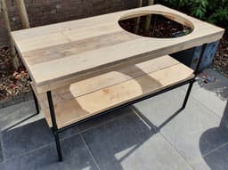 Big Green Egg Tafel | Buitenkeuken | 140x70cm | Gat 50cm | Zwart Staal en Hout | BBQ Tafel | Kamado Tafel | Barbecue | Bastard | Grill Guru | Kamado Joe | Ombouw | Onderstel | Geschikt voor vele modellen — thumbnail 5