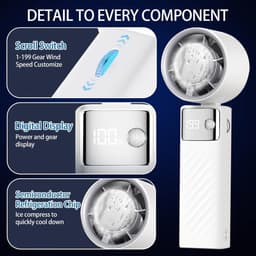 Draagbare ventilator, mini oplaadbare ventilator 5000mAh, kleine stille turboventilator met instelbare snelheden (1 tot 199), koelventilator voor kamperen, sporten en reizen (wit) — thumbnail 5