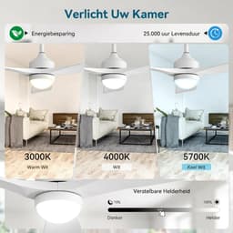 Plafondventilator Met Lamp - 3 Hout Bladen - Ø 52 inch - Dimbare lamp - Met Afstandsbediening - 6 ventilatorstanden - Geluidsarme werking - LED's Light - Wit — thumbnail 3
