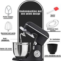 KAD® Deegmachine - Elektrische Deegmixer - Keukenmixer - Zwart - 35cm x 33cm x 22cm — thumbnail 4