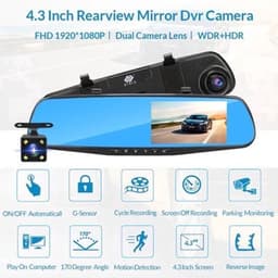 Dashcam voor Auto - 4.3 Inch - Full HD 1080P Auto Rij Recorder - Achteruitkijkspiegel DVR - Nachtzicht, Bewegingsdetectie, Parkeermodus - 6M Achteruitrijcamera - Zonder Geheugenkaart - Zwart — thumbnail 2