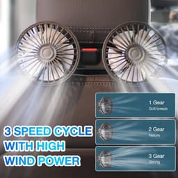 Autoventilator, USB-ventilator, 5 V, 2 A, met 3 snelheden, voor achterbank, passagiers, 360 graden draaibaar, ventilator met twee koppen, voor voertuigen zoals sedan, SUV, camper — thumbnail 5