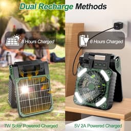 Ventilator met zonnepaneel, 10400 mAh, oplaadbare campingventilator, werkt op batterijen, draagbaar, met ledlampen, 4 snelheden, stille tafelventilator voor op reis — thumbnail 2