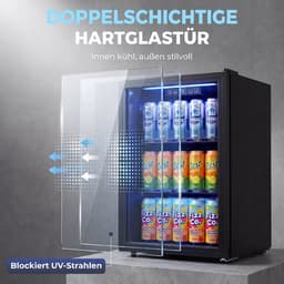 TEKROA® Vrijstaande Drankenkoelkast 70L met Glazen Deur - Mini Koelkast voor 70 Blikjes / Bier & Wijn - LED Verlichting & Verstelbare Planken - Zwart — thumbnail 2
