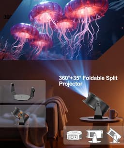 Mini-beamer 4K, 360° + 35° opvouwbare split projector, 260 ANSI wifi 6 en Bluetooth 5.4, automatische trapeziumcorrectie en handmatige focus voor thuisbioscoop — thumbnail 2