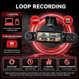 SnelShoppen - Rimoody Dashcam Auto 4 Camera's met Nachtzicht, Bewegingsdetectie, Parkeermodus 24/7, 3,16 inch IPS Display, 1080P, Ondersteuning 64GB G — thumbnail 2