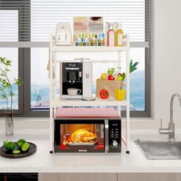SnelShoppen - Expandable Microwave Rack - 3-Layer Keuken Magnetron Stand - Carbon Staal Countertop Magnetron Houder - 8 Haakjes - Wit - Keuken/Dining — thumbnail 5