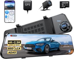 Dashcam voor auto - Zwart - 12 inch - Spiegel met 4K + 2.5K camera’s en GPS - Voor optimale beveiliging en nachtzicht — thumbnail 1