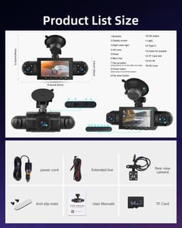 Dashcam voor auto - Zwart - 3 inch - 4 Camera's met 1080p en Nachtzicht - Met Wifi-app en 24-Uurs Parkeerbewaking — thumbnail 5