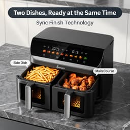 BUVARO Dual Zone Airfryer XXL 11L – 2 x 5,5L – 2950W – 10 Programma’s – DUAL & SYNC Finish – Kijkvensters – Zwart — thumbnail 3