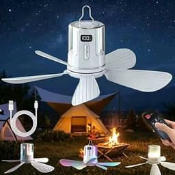 Ryoudavell - Draagbare Campingventilator - 10080mAh Oplaadbare Tent Ventilator - Oplaadbare Plafondventilator met Licht en Afstandsbediening - Plafondventilator met Verlichting - Geschikt voor Camping, Buiten, Paviljoen en Terras — thumbnail 1