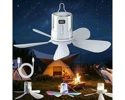 Ryoudavell - Draagbare Campingventilator - 10080mAh Oplaadbare Tent Ventilator - Oplaadbare Plafondventilator met Licht en Afstandsbediening - Plafondventilator met Verlichting - Geschikt voor Camping, Buiten, Paviljoen en Terras