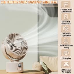 USB Bureauventilator - 3 snelheden - 3600mAh accu - Stille bionische verenbladen - 140° kantelbaar en automatisch schommelend - Draagbaar voor thuis, kantoor en kamperen - Beige — thumbnail 4